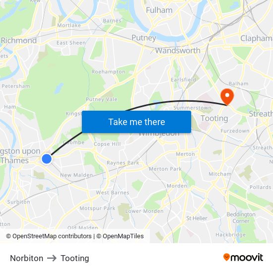 Norbiton to Tooting map