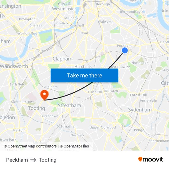 Peckham to Tooting map