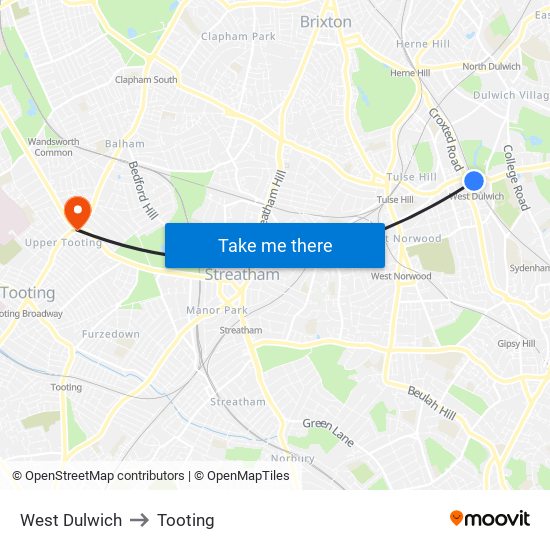 West Dulwich to Tooting map