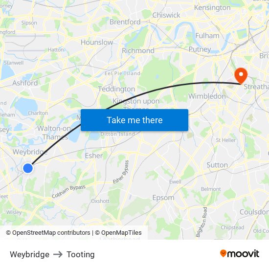 Weybridge to Tooting map