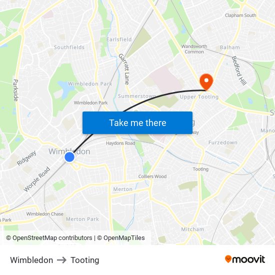 Wimbledon to Tooting map