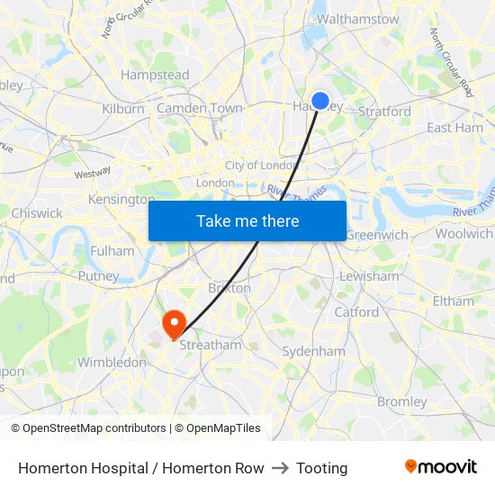 Homerton Hospital / Homerton Row to Tooting map