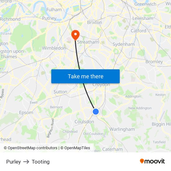 Purley to Tooting map