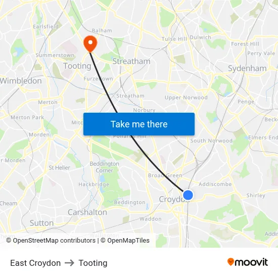 East Croydon to Tooting map