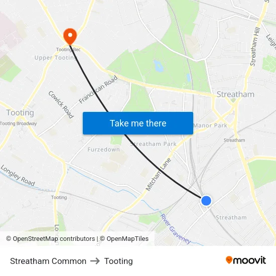 Streatham Common to Tooting map