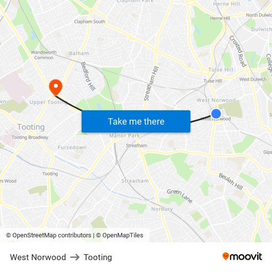 West Norwood to Tooting map