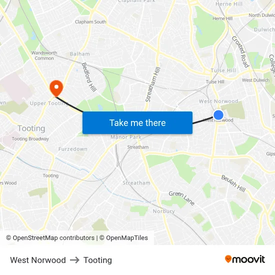 West Norwood to Tooting map