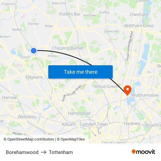 Borehamwood to Tottenham map