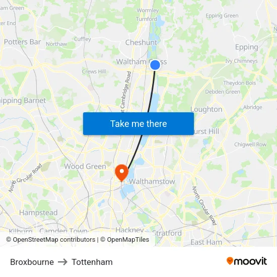 Broxbourne to Tottenham map