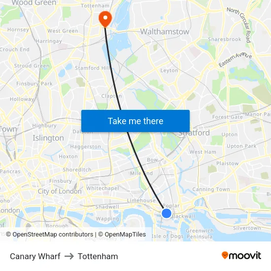 Canary Wharf to Tottenham map