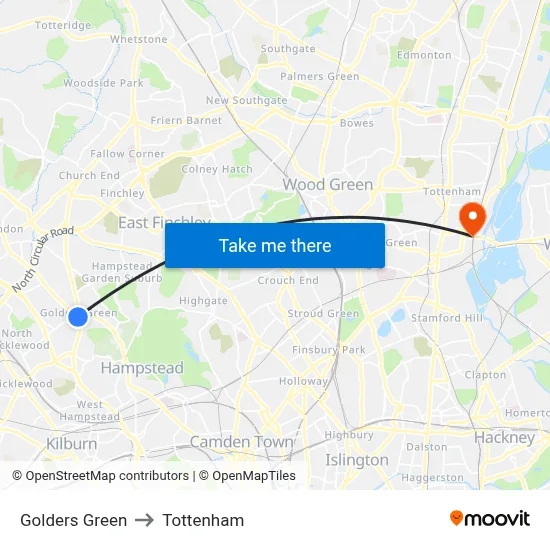 Golders Green to Tottenham map