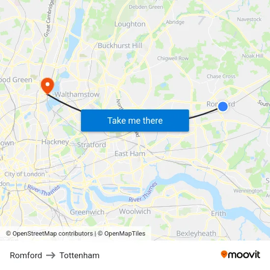 Romford to Tottenham map