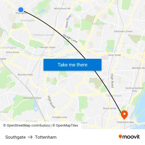 Southgate to Tottenham map