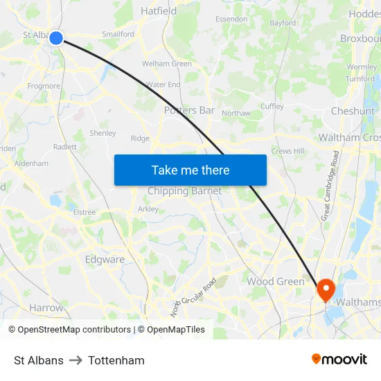 St Albans to Tottenham map