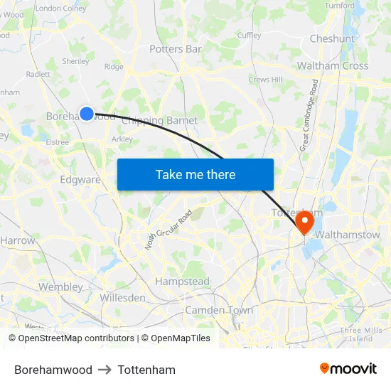 Borehamwood to Tottenham map