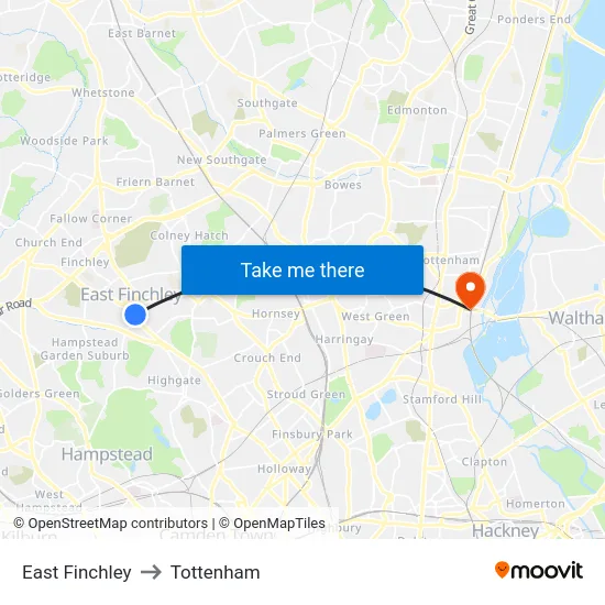 East Finchley to Tottenham map