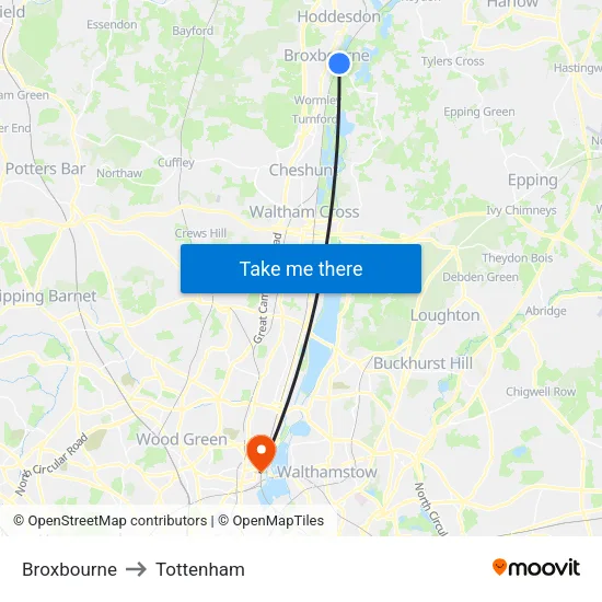 Broxbourne to Tottenham map