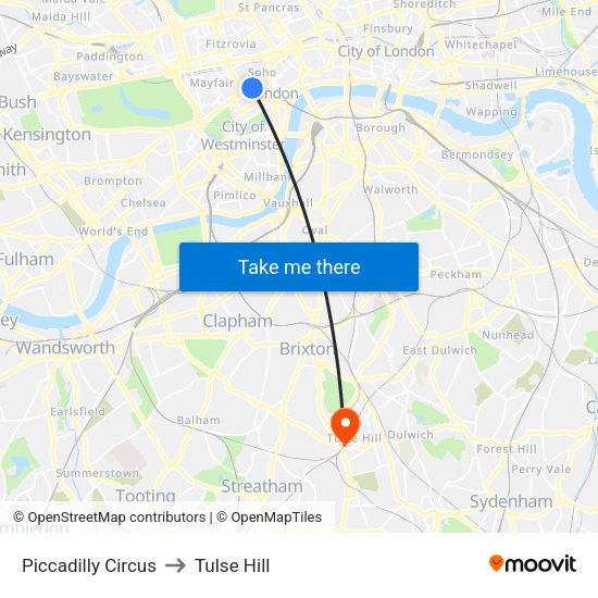 Piccadilly Circus to Tulse Hill map