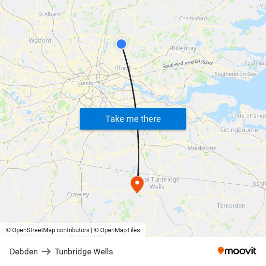 Debden to Tunbridge Wells map