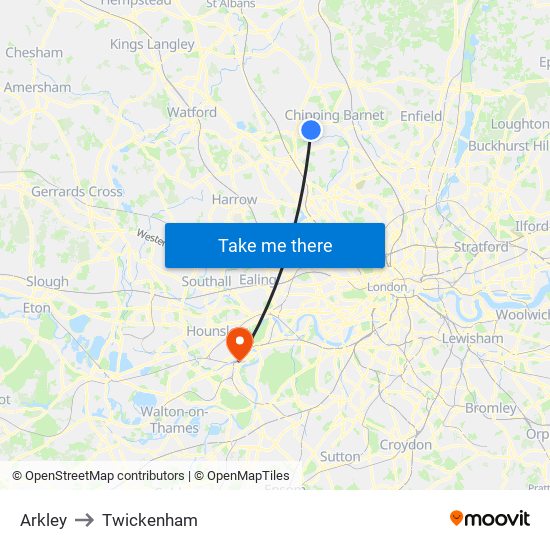 Arkley to Twickenham map