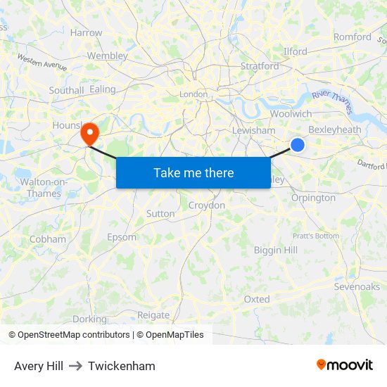 Avery Hill to Twickenham map