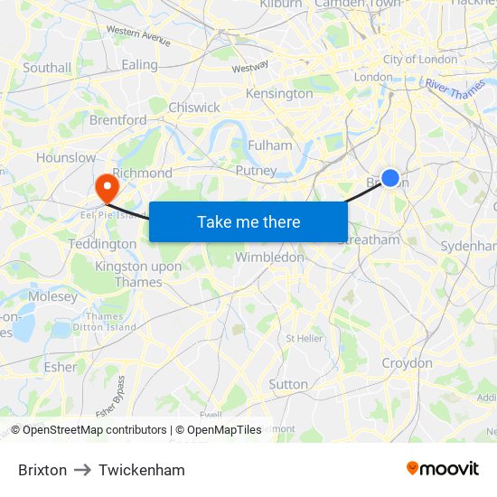 Brixton to Twickenham map