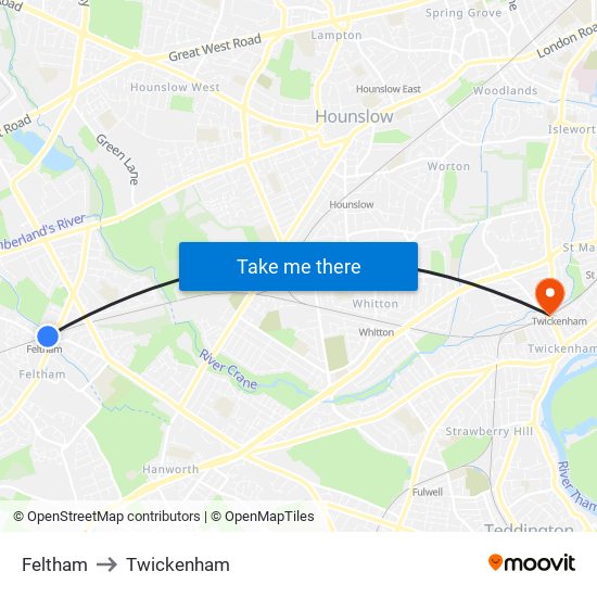 Feltham to Twickenham map