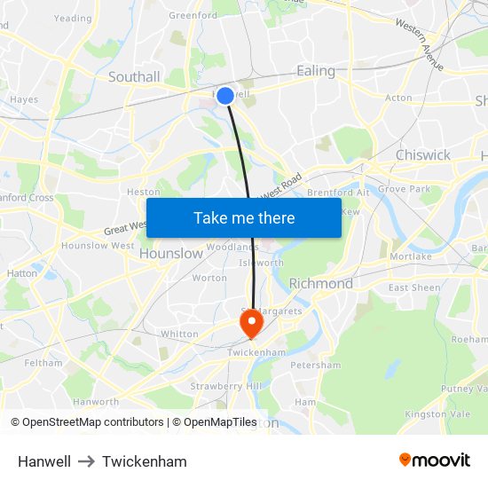 Hanwell to Twickenham map