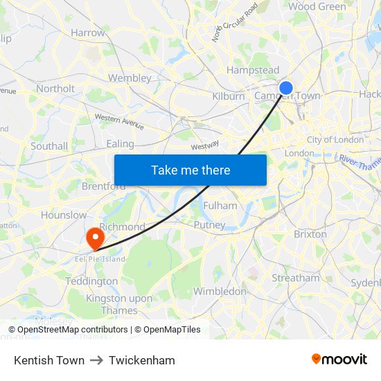 Kentish Town to Twickenham map