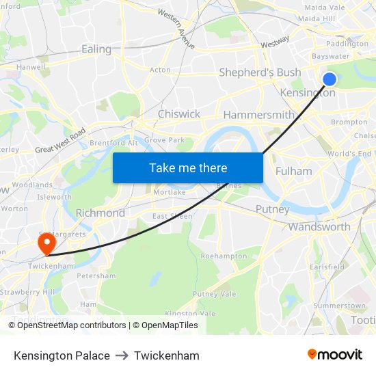 Kensington Palace to Twickenham map