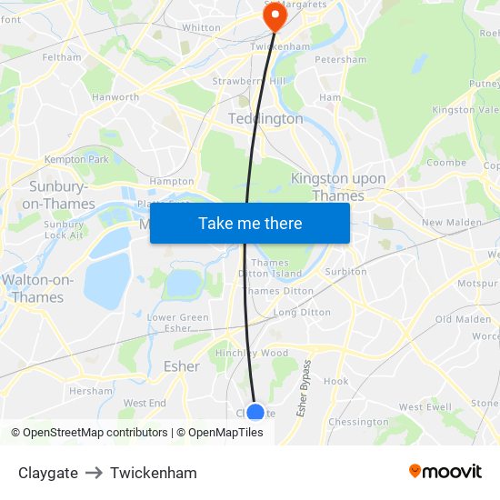 Claygate to Twickenham map