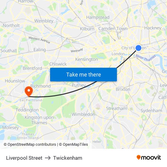 Liverpool Street to Twickenham map