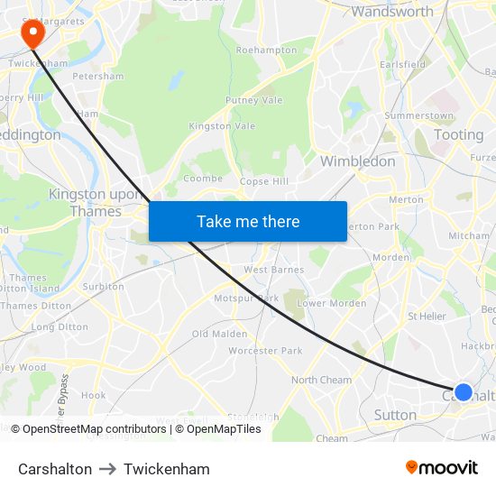 Carshalton to Twickenham map