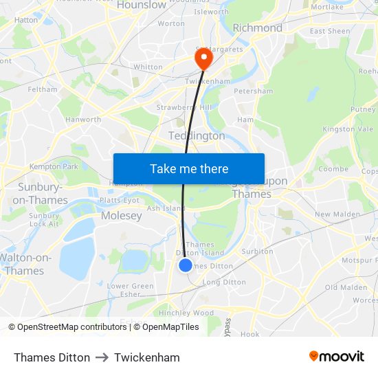 Thames Ditton to Twickenham map