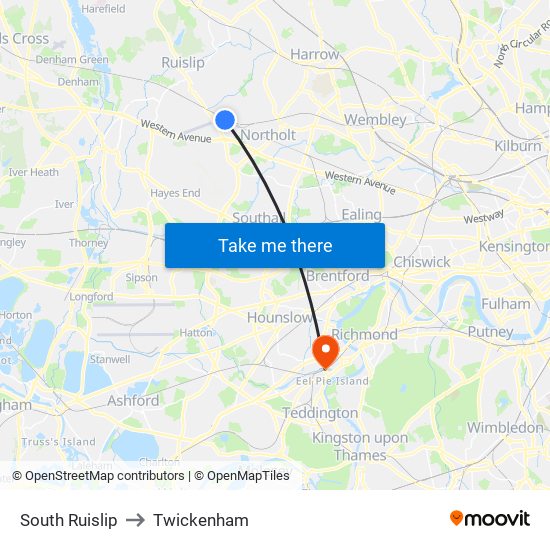 South Ruislip to Twickenham map