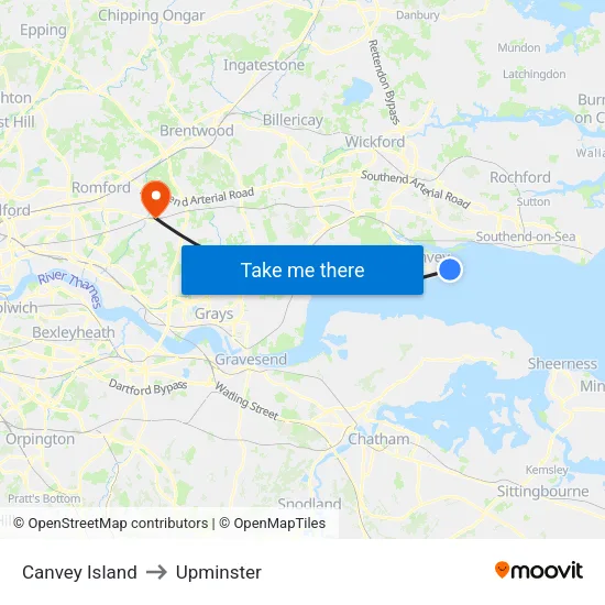 Canvey Island to Upminster map