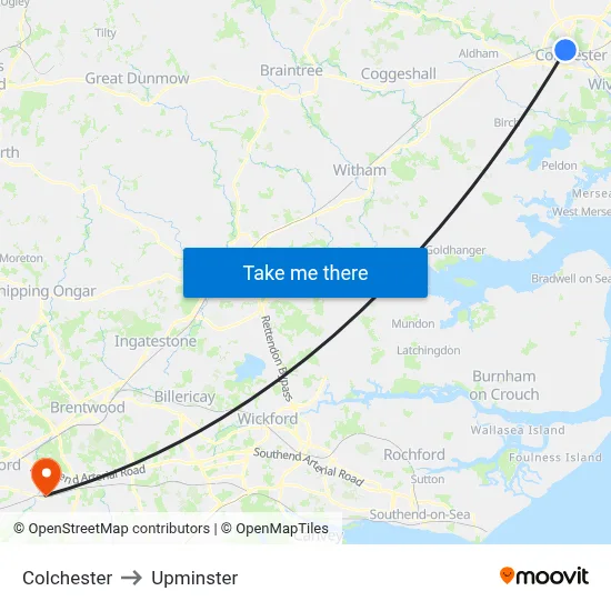 Colchester to Upminster map