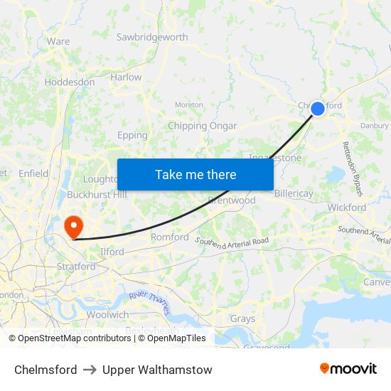 Chelmsford to Upper Walthamstow map