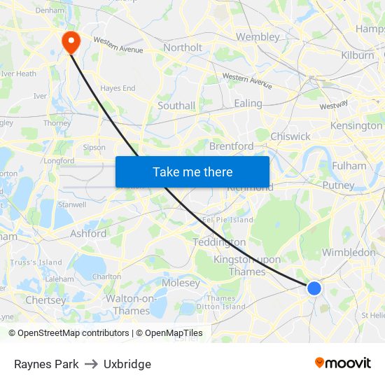 Raynes Park to Uxbridge map