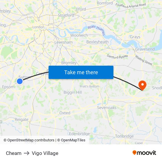 Cheam to Vigo Village map