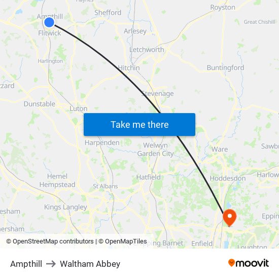 Ampthill to Waltham Abbey map