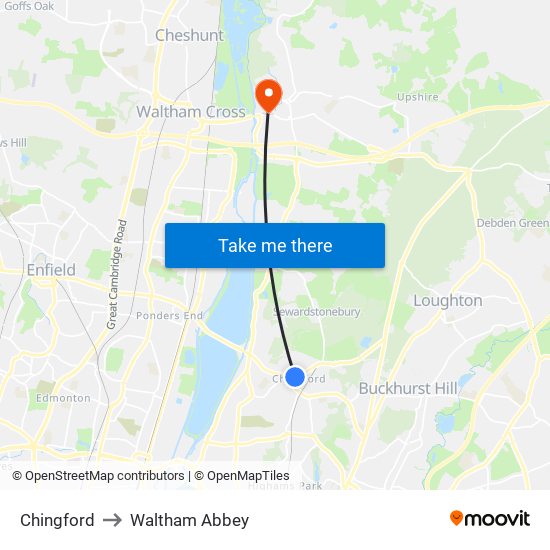 Chingford to Waltham Abbey map