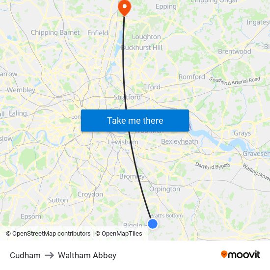 Cudham to Waltham Abbey map