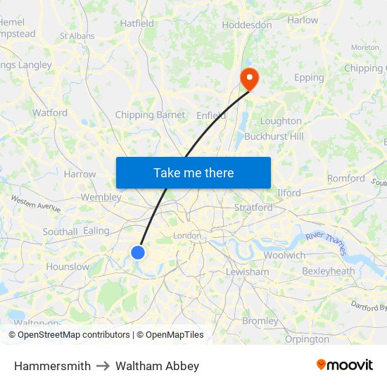 Hammersmith to Waltham Abbey map