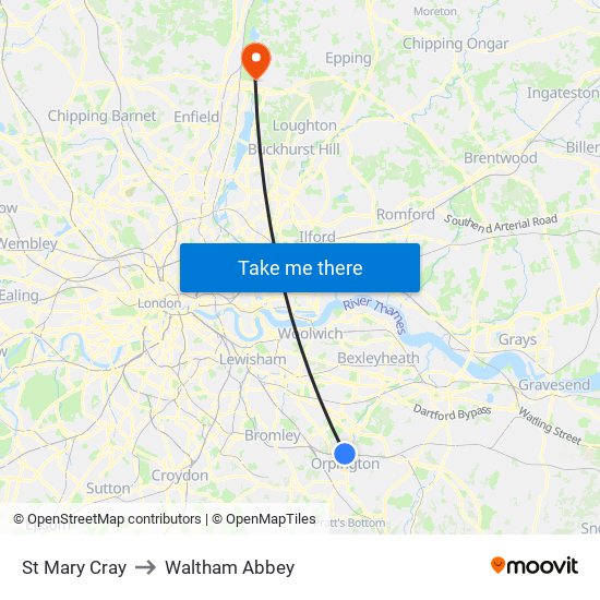 St Mary Cray to Waltham Abbey map