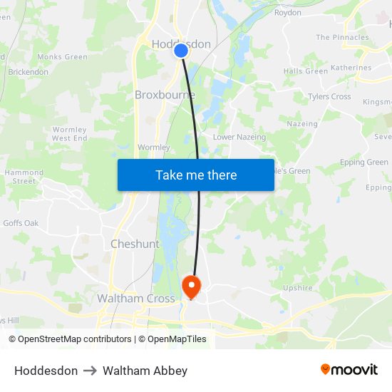 Hoddesdon to Waltham Abbey map