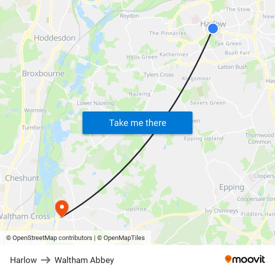 Harlow to Waltham Abbey map