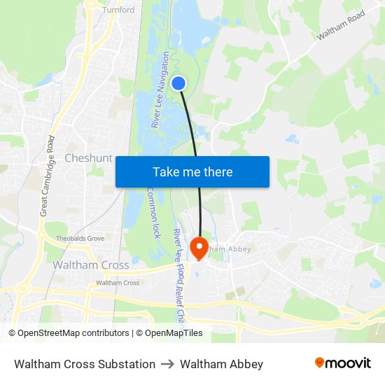 Waltham Cross Substation to Waltham Abbey map