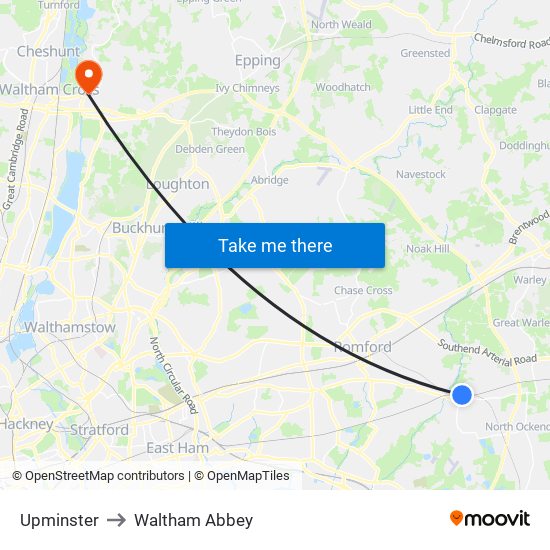 Upminster to Waltham Abbey map