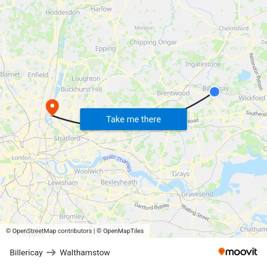 Billericay to Walthamstow map